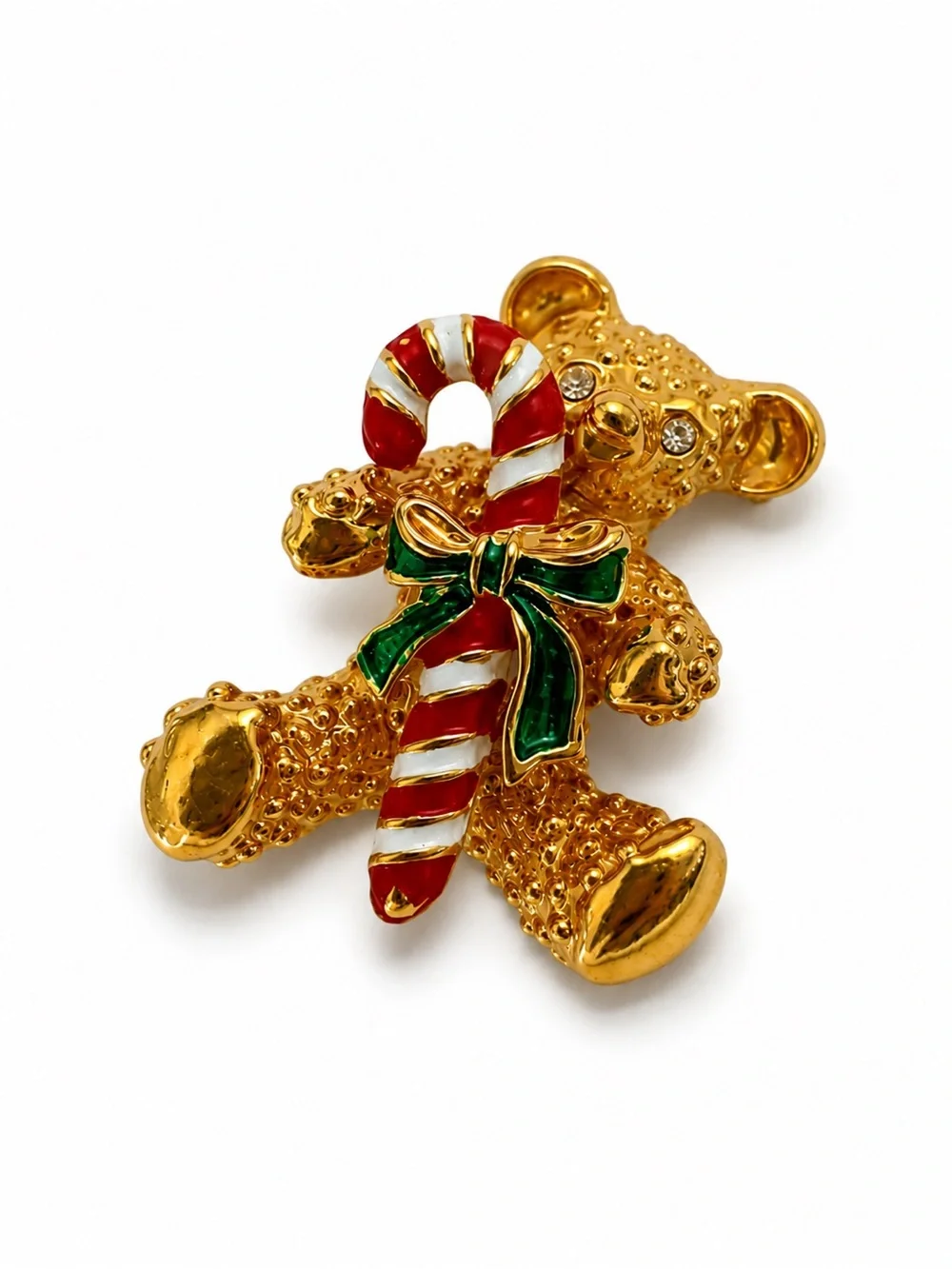 Vintage Gold Tone Teddy Bear Christmas Brooch Pin Candy Cane Holiday Rhinestones